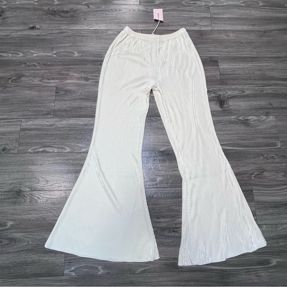 NWT flare stretchy beachy accordion Y2K slinky ribbed wide leg boho pants L/XL